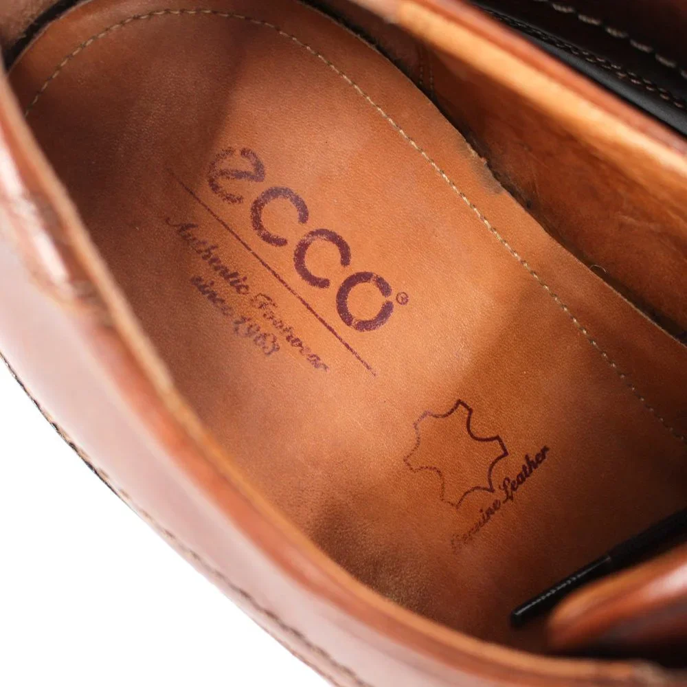 Ecco Brown Leather Lace Tie Almond Toe Derby 47 US 13.5 Wide Oxford Dress Shoes